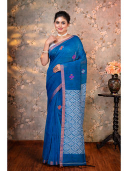 Boveee - Women Blue Linen Woven Saree Without Blouse