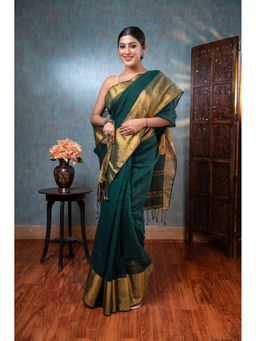 Boveee - Women Green Linen Woven Saree Without Blouse