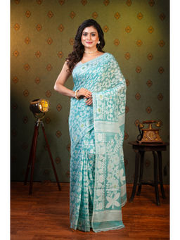 Boveee - Women Blue Cotton Floral Saree Without Blouse