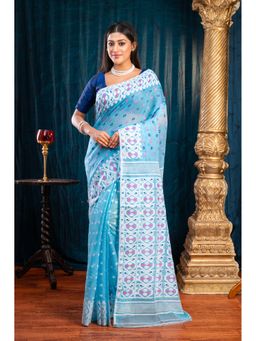 Boveee - Women Blue Cotton Woven Saree Without Blouse
