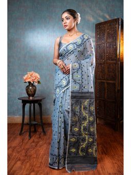 Boveee - Women Grey Cotton Woven Saree Without Blouse