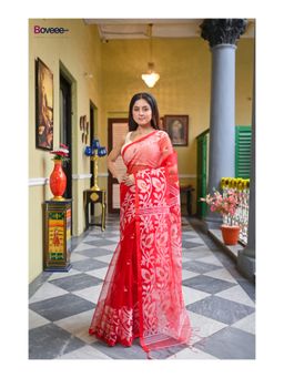 Boveee - Women Red Silk Woven Saree Without Blouse