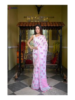 Boveee - Women Off White Linen Woven Saree Without Blouse