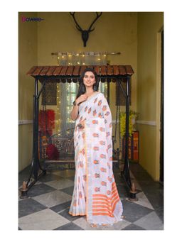 Boveee - Women White Linen Woven Saree Without Blouse