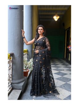 Boveee - Women Black Silk Woven Saree Without Blouse