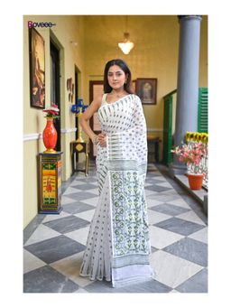 Boveee - Women White Cotton Woven Saree Without Blouse