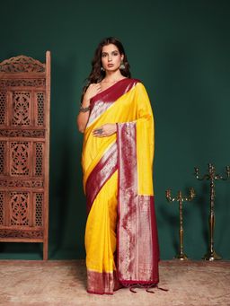 MEENA BAZAAR - Women Mustard Crepe Woven Saree Without Blouse