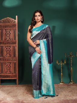 MEENA BAZAAR - Women Blue Crepe Woven Saree Without Blouse