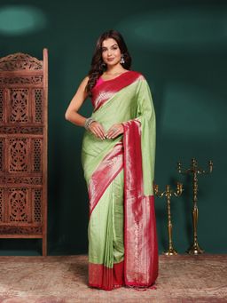 MEENA BAZAAR - Women Green Crepe Woven Saree Without Blouse