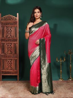 MEENA BAZAAR - Women Pink Crepe Woven Saree Without Blouse
