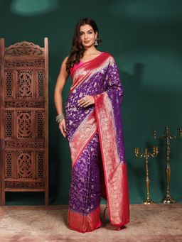 MEENA BAZAAR - Women Purple Crepe Woven Saree Without Blouse