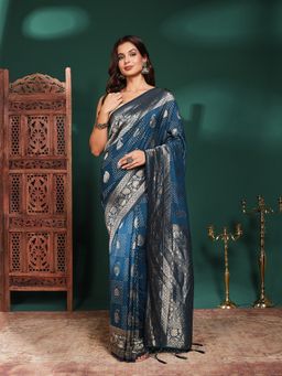 MEENA BAZAAR - Women Blue Crepe Woven Saree Without Blouse