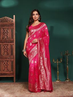 MEENA BAZAAR - Women Pink Crepe Woven Saree Without Blouse