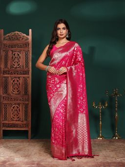 MEENA BAZAAR - Women Pink Crepe Woven Saree Without Blouse