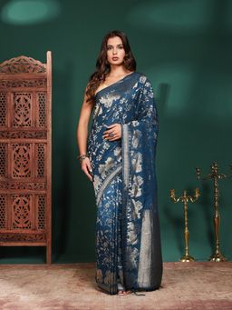 MEENA BAZAAR - Women Blue Crepe Woven Saree Without Blouse
