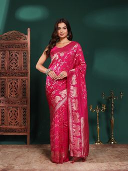 MEENA BAZAAR - Women Pink Crepe Woven Saree Without Blouse