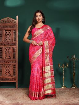 MEENA BAZAAR - Women Pink Art Silk Woven Saree Without Blouse
