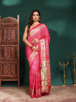 MEENA BAZAAR - Women Pink Art Silk Woven Saree Without Blouse