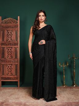 MEENA BAZAAR - Women Black Satin Embellished Saree Without Blouse
