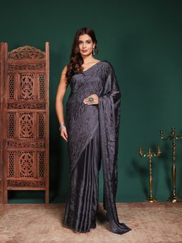 MEENA BAZAAR - Women Grey Satin Embellished Saree Without Blouse
