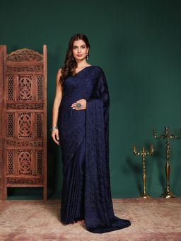 MEENA BAZAAR - Women Navy Blue Satin Embellished Saree Without Blouse