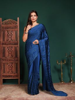 MEENA BAZAAR - Women Blue Satin Embellished Saree Without Blouse