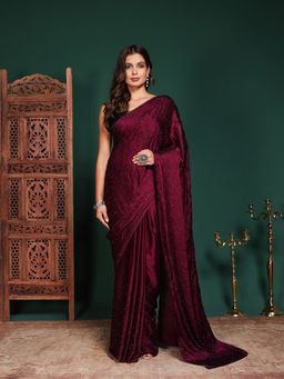 MEENA BAZAAR - Women Wine Satin Embellished Saree Without Blouse