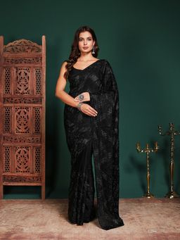 MEENA BAZAAR - Women Black Satin Embellished Saree Without Blouse