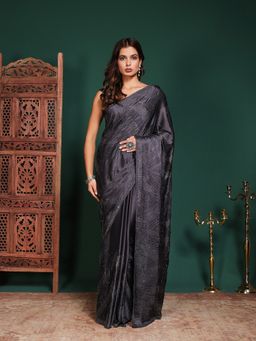 MEENA BAZAAR - Women Grey Satin Embellished Saree Without Blouse