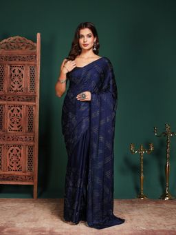MEENA BAZAAR - Women Navy Blue Satin Embellished Saree Without Blouse
