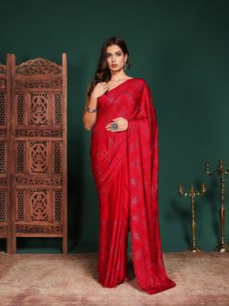 MEENA BAZAAR - Women Red Satin Embellished Saree Without Blouse