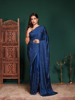 MEENA BAZAAR - Women Blue Satin Embellished Saree Without Blouse