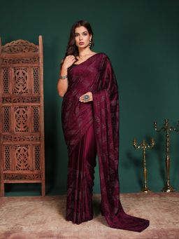 MEENA BAZAAR - Women Wine Satin Embellished Saree Without Blouse