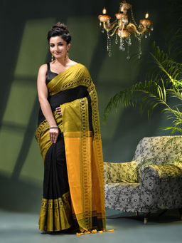 DESH BIDESH - Women Black Pure Cotton Woven Saree with Unstitched Blouse