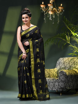 DESH BIDESH - Women Black Crepe Woven Saree with Unstitched Blouse