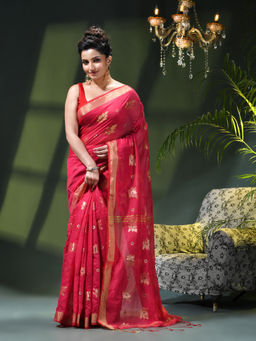 DESH BIDESH - Women Pink Crepe Woven Saree with Unstitched Blouse