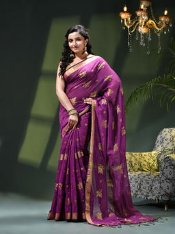 DESH BIDESH - Women Purple Crepe Woven Saree with Unstitched Blouse