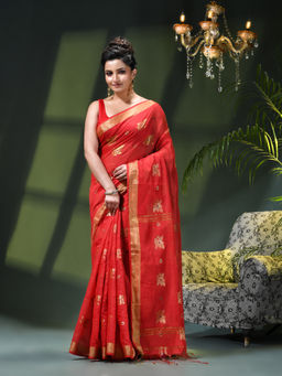 DESH BIDESH - Women Red Crepe Woven Saree with Unstitched Blouse