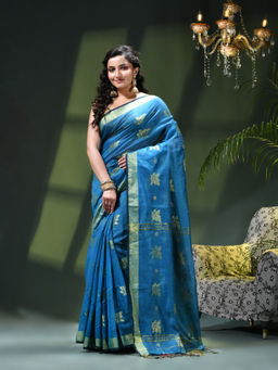 DESH BIDESH - Women Blue Crepe Woven Saree with Unstitched Blouse