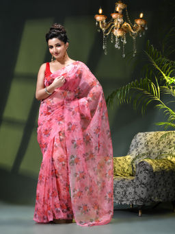 DESH BIDESH - Women Pink Organza Printed Saree Without Blouse