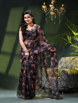 DESH BIDESH - Women Black Organza Floral Printed Saree Without Blouse