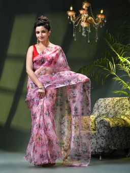 DESH BIDESH - Women Lavender Organza Printed Saree Without Blouse