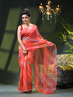 DESH BIDESH - Women Pink Organza Floral Printed Saree Without Blouse