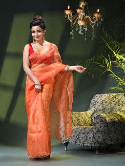 DESH BIDESH - Women Orange Partywear Organza Printed Saree Without Blouse