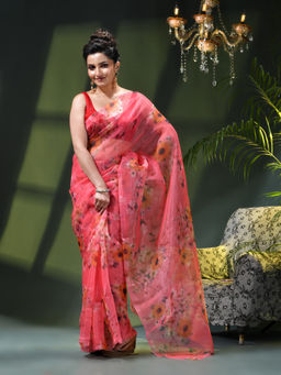 DESH BIDESH - Women Pink Organza Printed Saree Without Blouse