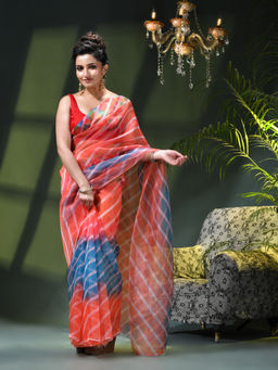 DESH BIDESH - Women Orange Organza Printed Saree Without Blouse