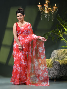 DESH BIDESH - Women Pink Partywear Organza Printed Saree Without Blouse