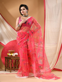 DESH BIDESH - Women Red Organza Printed Saree Without Blouse