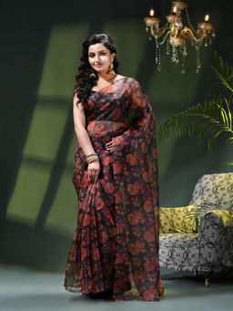 DESH BIDESH - Women Red Organza Printed Saree Without Blouse