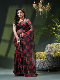 DESH BIDESH - Women Black Organza Printed Saree Without Blouse